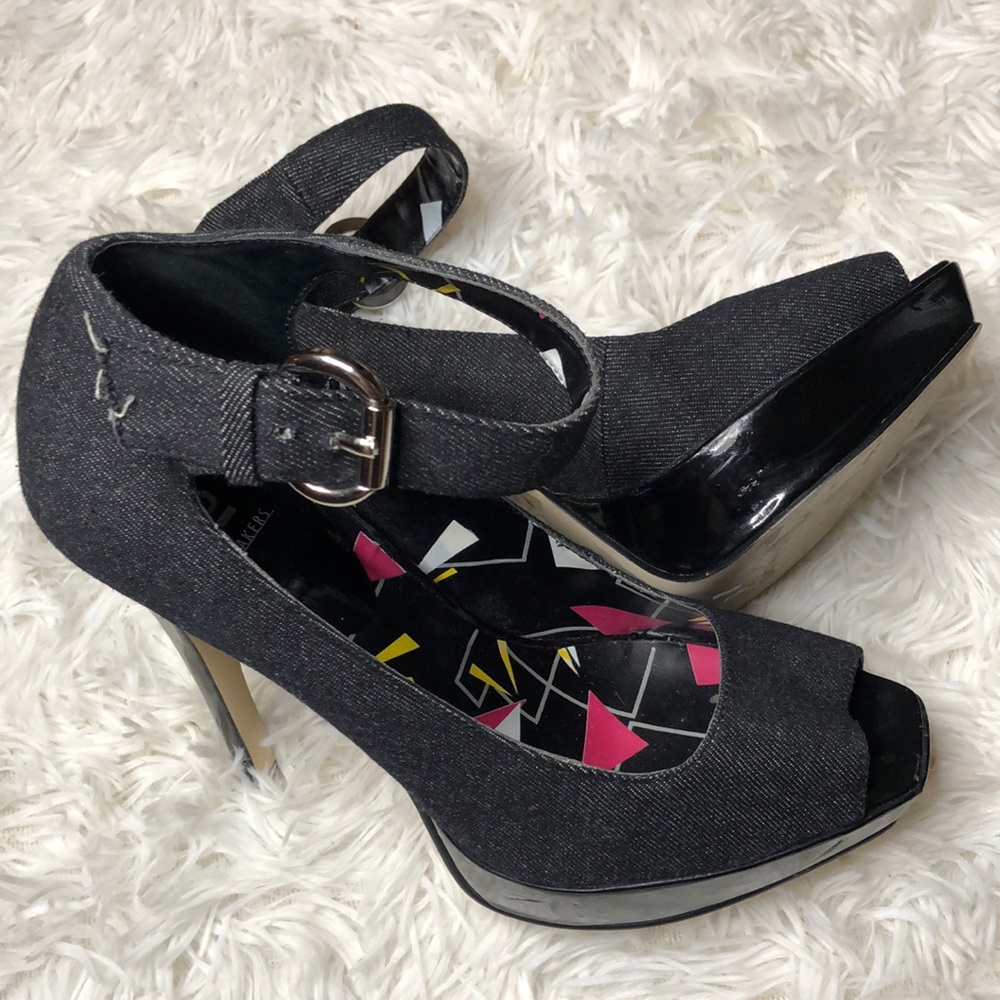 Bakers Denny Dark Denim Fabric  Platform Stilettos Ankle Strap Peep Toe Pump  7